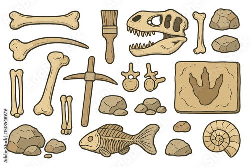 Cartoon dinosaur fossil dig elements with bones, tools, and rocks