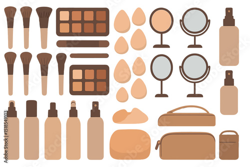 Beauty tools and cosmetics layout featuring brushes, mirrors, and makeup essentials in warm tones
