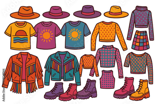 Colorful clothing collection featuring vibrant hats, tops, jackets, and skirts perfect for a fun fashion event or festival