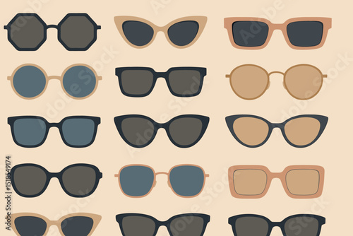 Variety of stylish sunglasses displayed in an organized layout with different shapes and colors