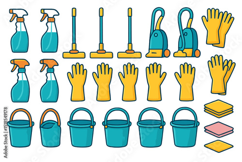 Cleaning supplies arranged for housework in a bright, organized manner showcasing various tools and equipment