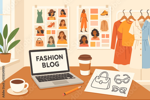 Creative workspace featuring a fashion blog setup with stylish clothing and accessories displayed in a bright room