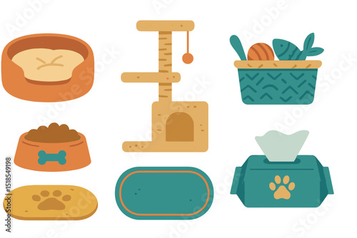 Colorful pet accessories arranged in a playful design ideal for feline and canine care and comfort