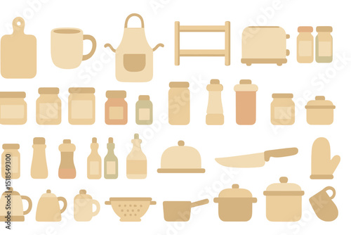 Kitchen utensils and containers displayed in various shapes and sizes on a minimalist design background