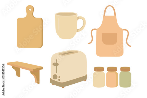 Kitchen essentials including a toaster, cutting board, mug, aprons, and jars arranged for culinary activities