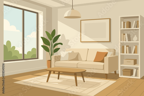 Cozy living room with large window and modern furnishings offers peaceful retreat during the day