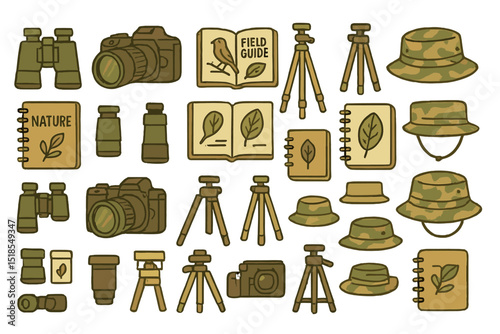 Various outdoor adventure items including cameras, binoculars, and field guides for nature exploration activities