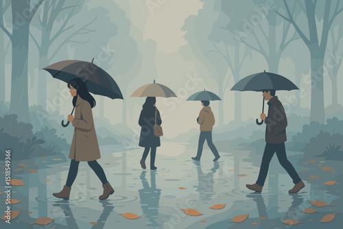 People walking in a rainy urban park while carrying umbrellas during a foggy autumn day