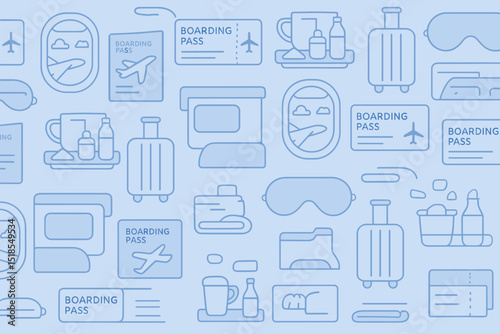 Various travel icons illustrating the essentials of a journey on a light blue background featuring luggage, tickets, and travel items