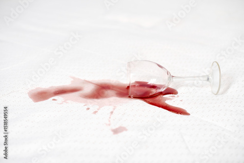 Wine glass toppled over, releasing red wine onto white tablecloth. Stain contrast creates striking visual, emphasizing chaos. Bright lighting highlights red and white contrast