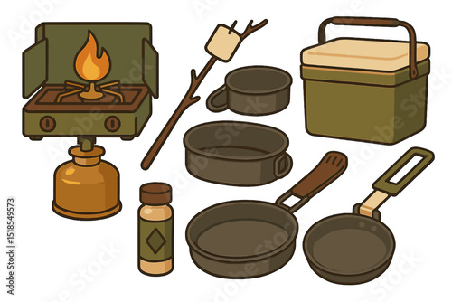 Camping cooking gear collection featuring portable stove, pots, and utensils for outdoor meals
