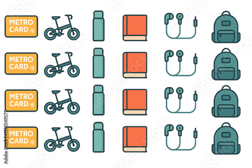 Collection of urban commuting essentials with metro card, bicycles, water bottles, books, and backpacks arranged in a grid pattern