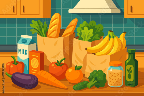 Grocery shopping haul in a bright kitchen with fresh produce and pantry staples on a wooden countertop