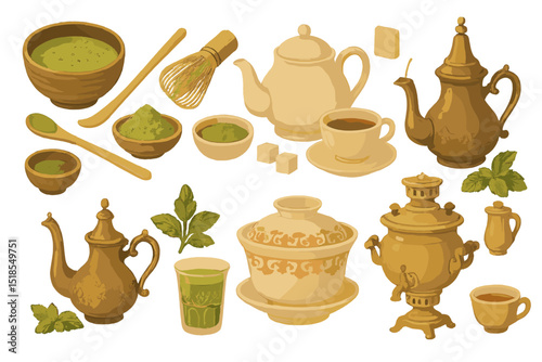 Colorful assortment of traditional tea and matcha preparation utensils and ingredients displayed artistically on a white background