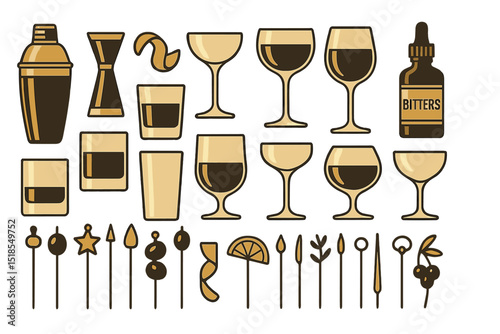 Unique cocktail ingredients and glassware arranged artistically for mixology enthusiasts