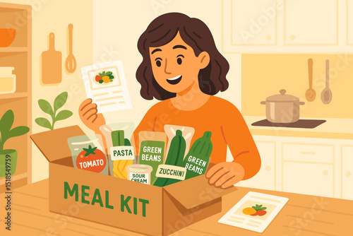 Enjoying a meal kit delivery in a cozy kitchen while planning a delicious dinner with fresh ingredients and recipes