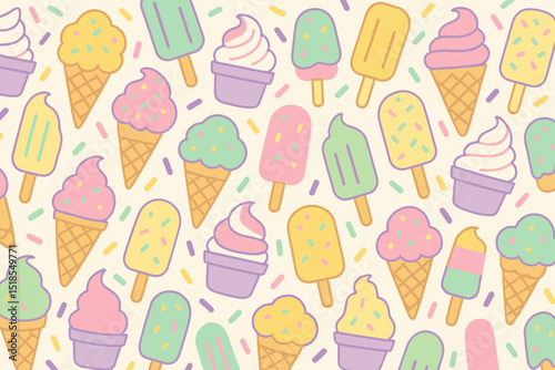 Colorful ice cream pattern with popsicles and cones perfect for summer decor and children?s activities