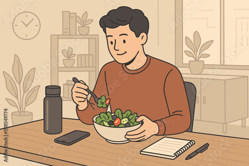 Young man enjoying a healthy salad while sitting at a desk in a modern workspace during the day