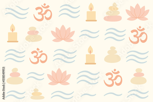 Decorative pattern featuring symbols of meditation, tranquility, and nature in soft pastel colors for a calming atmosphere