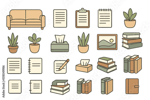 Modern living room workspace layout featuring plants, books, and office supplies for a productive environment