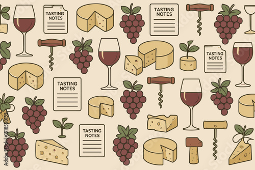 Cheese and wine tasting elements with notes surrounded by grapes and corks in a colorful design