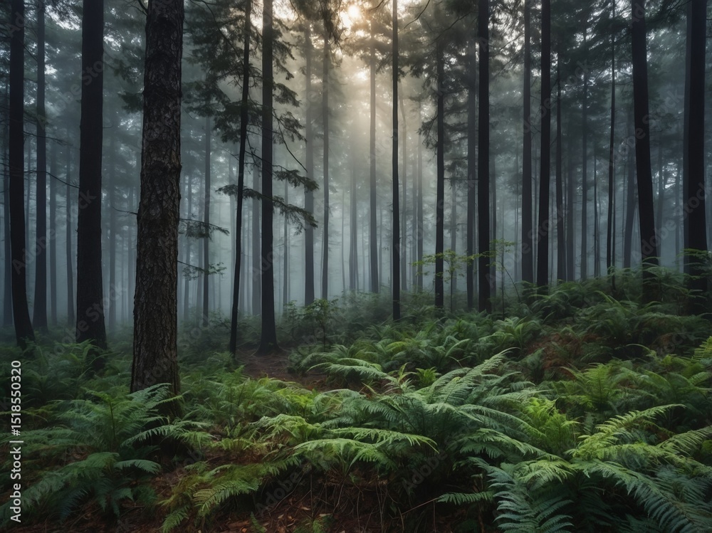 Fototapeta premium Mystical Deep Woods: Tranquil Forest Landscape with Mist and Ferns at Twilight