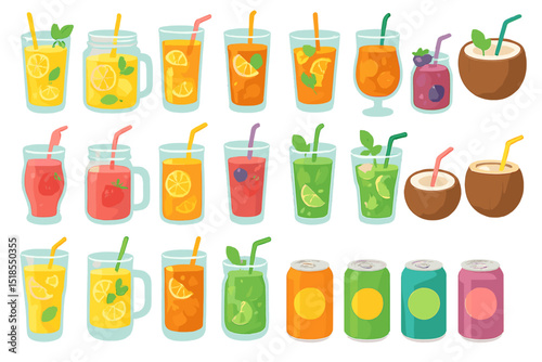 Colorful variety of refreshing summer drinks with fruits and mint displayed on a white background