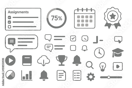 Icons representing educational tools and digital learning metrics for productivity tracking and assignment management