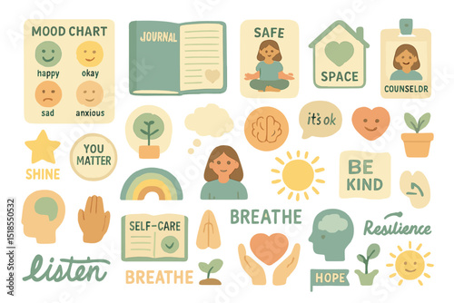 Mood and wellness illustrations promoting mental health awareness and self-care strategies for personal growth