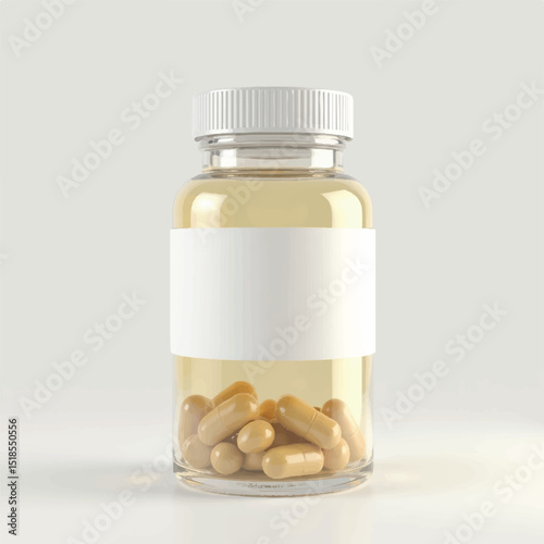 supplement bottle mockup with capsules in it with white label, 3d product mockups,protein jar,medicine bottle with pills,omega 3 capsules,realistic mockups,photography,transparent vitamins bottle