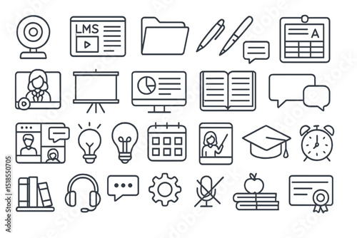 Collection of educational icons illustrating online learning tools, resources, and classroom activities for modern education