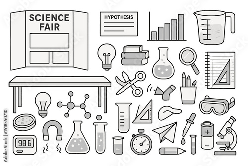 Elements of a science fair setup showcasing various educational tools and experiments in a classroom environment