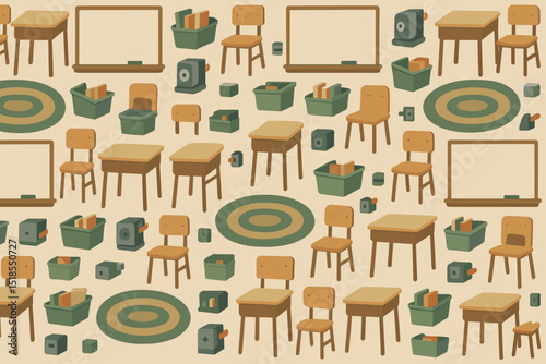 Classroom setting filled with chairs, tables, and learning materials in a playful arrangement