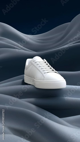 White sneaker rotates slowly on rippling gray fabric under dramatic side lighting, with a smooth 360-degree pan showcasing sleek contours and minimal design