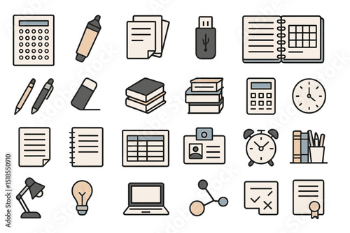 Variety of office supplies and study materials laid out on a table in a bright workspace during daytime
