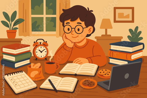 Young student studying at home with books, snacks, and a laptop during afternoon study session