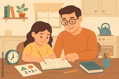 Father and daughter engage in learning at home during a sunny afternoon