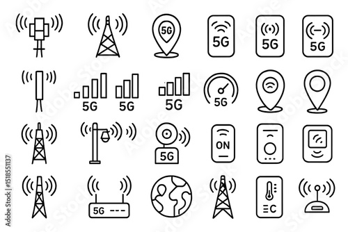 Various 5G technology icons illustrating communication, connectivity, and signal strength around the globe
