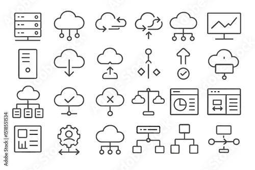 Variety of cloud computing icons representing data exchange and management processes in a digital environment