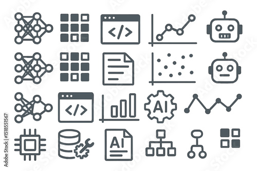 Collection of icons representing artificial intelligence, data analysis, and programming concepts in a modern design style