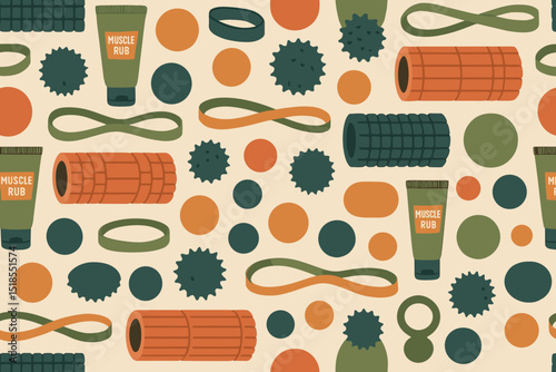 Colorful fitness accessories collection with muscle rub, foam rollers, and exercise bands on a light background