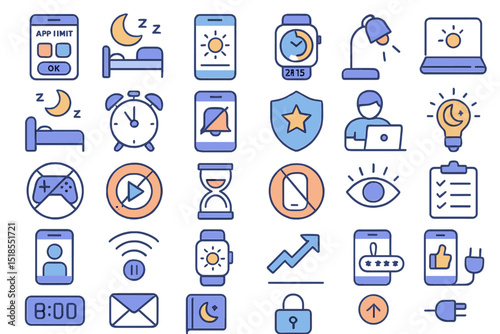 Icons depicting daily routines and activities focusing on sleep, productivity, and technology use