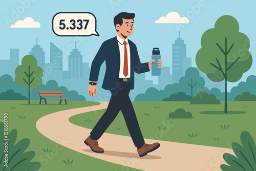 Businessman walking in park while checking step count on fitness tracker during afternoon stroll in urban environment