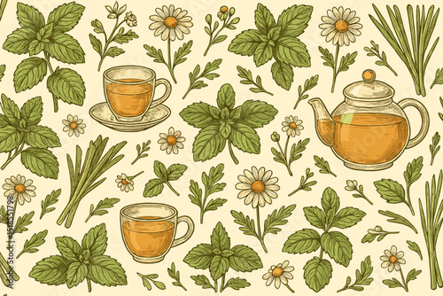Herbal tea arrangement with fresh plants and tea utensils showcasing natural ingredients for wellness and relaxation