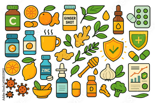 Collection of natural remedies and supplements for health and wellness in vibrant illustrations