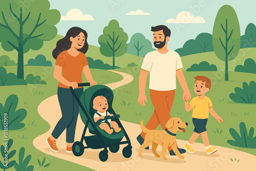 Family walks through a park with a stroller and a dog during a sunny afternoon