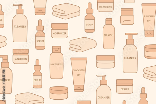 Pattern of skincare products including cleansers, serums, and moisturizers on a light background in a modern design