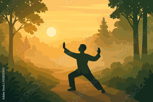 Silhouette of a person practicing tai chi in the serene woods at sunset