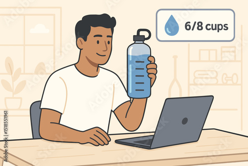 Maintaining hydration while working at a desk with a reusable water bottle during a productive day