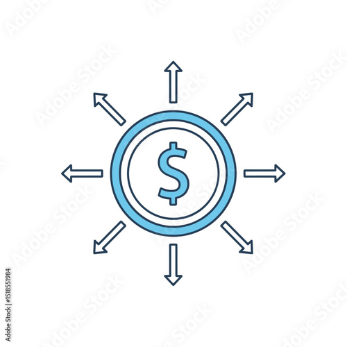 Dollar Coin with Arrows Radiating Outwards - Financial Diversification or Distribution Icon
